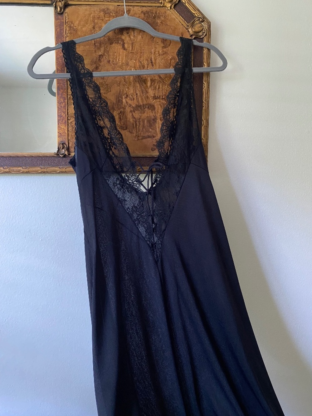 Vintage Black Lace Up Full Sweep Slip Nightgown 1980s Formfit Rogers Medium